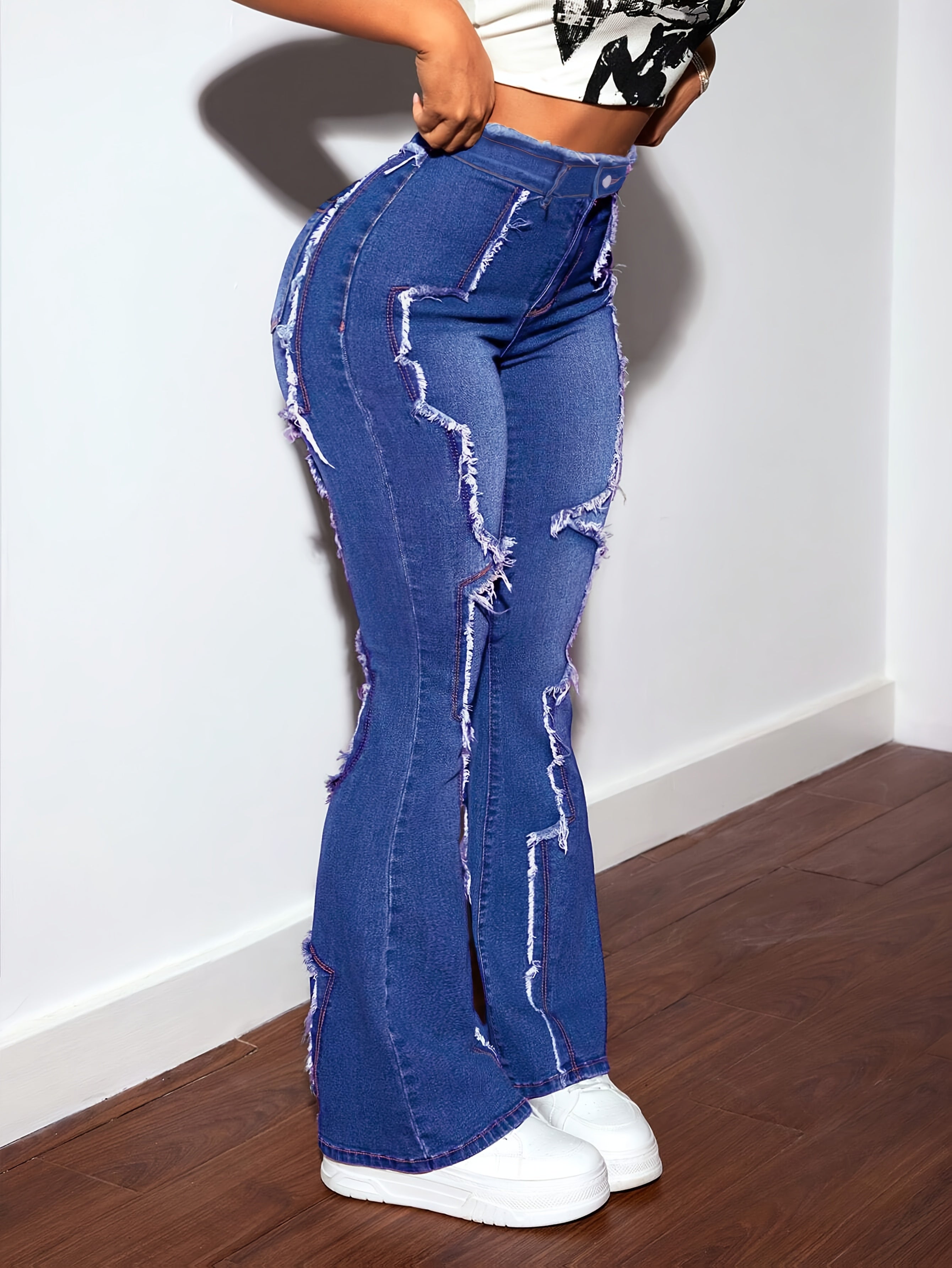 Women's High-Waisted Flared Jeans - Mid-Stretch Denim Pants with Details, Dark Blue Flattering Fit, 73% Viscose Blend, All-Season Comfort & Versatile Casual Wear